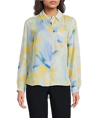 DKNY by Donna Karan Georgette Point Collar 3/4 Roll-Tab Sleeve Button Front Shirt
