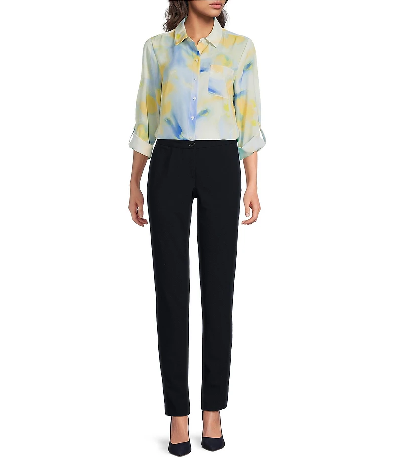 DKNY by Donna Karan Georgette Point Collar 3/4 Roll-Tab Sleeve Button Front Shirt