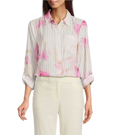 DKNY By Donna Karan Georgette Point Collar Long Roll-Tab Sleeve Button Front Blouse