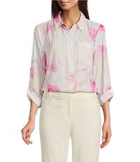 DKNY By Donna Karan Georgette Point Collar Long Roll-Tab Sleeve Button Front Blouse
