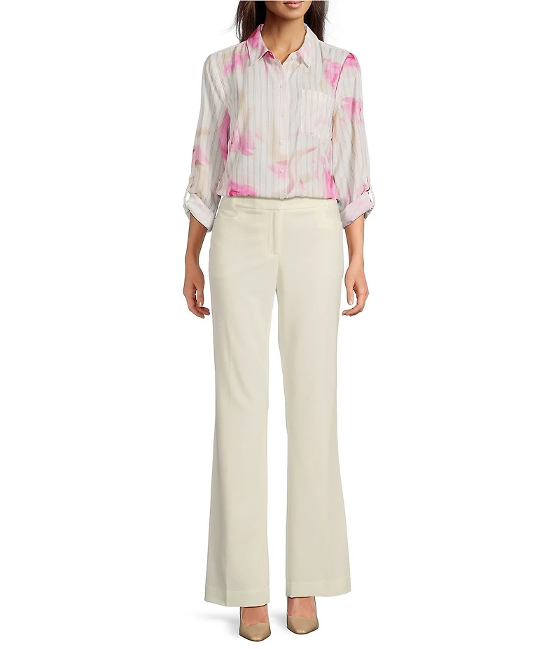 DKNY By Donna Karan Georgette Point Collar Long Roll-Tab Sleeve Button Front Blouse