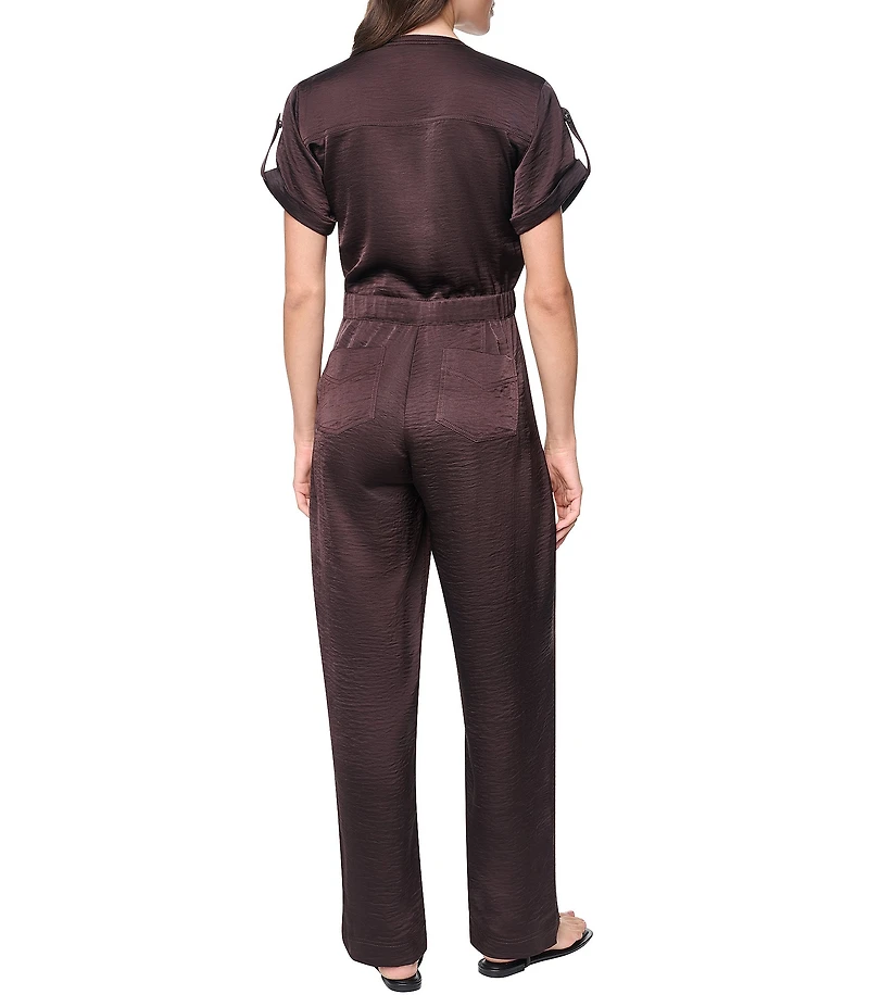 DKNY by Donna Karan Glazed Dressing Crew Neck Short Roll-Tab Sleeve Zip Front Jumpsuit