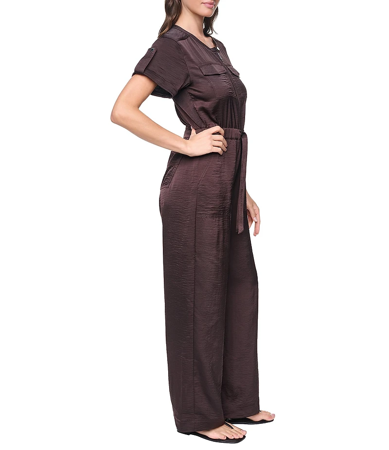 DKNY by Donna Karan Glazed Dressing Crew Neck Short Roll-Tab Sleeve Zip Front Jumpsuit