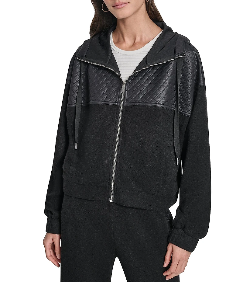 DKNY by Donna Karan Hacci Mare Mixed Media Hooded Zip Front Jacket