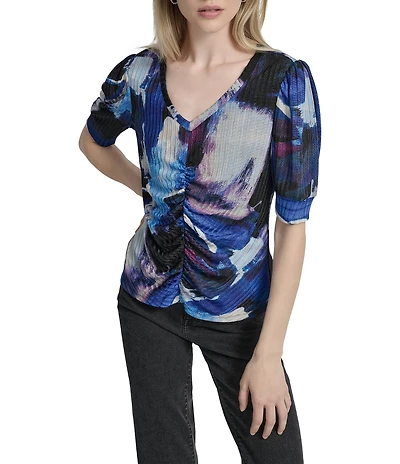 DKNY By Donna Karan Hacci V-Neck Puff Sleeve Ruched Top
