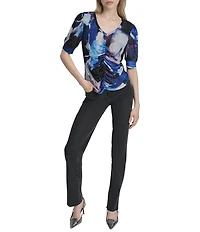 DKNY By Donna Karan Hacci V-Neck Puff Sleeve Ruched Top