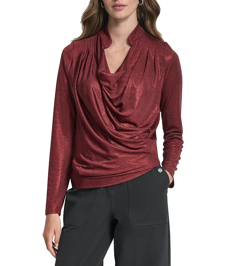 DKNY by Donna Karan Heather Foil Cowl Neck Long Sleeve Top