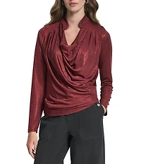 DKNY by Donna Karan Heather Foil Cowl Neck Long Sleeve Top