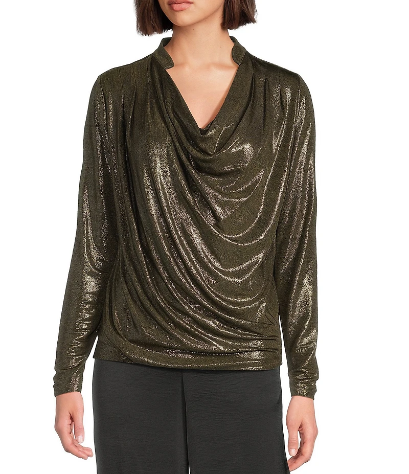 DKNY by Donna Karan Heather Foil Cowl Neck Long Sleeve Top
