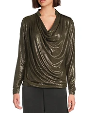DKNY by Donna Karan Heather Foil Cowl Neck Long Sleeve Top