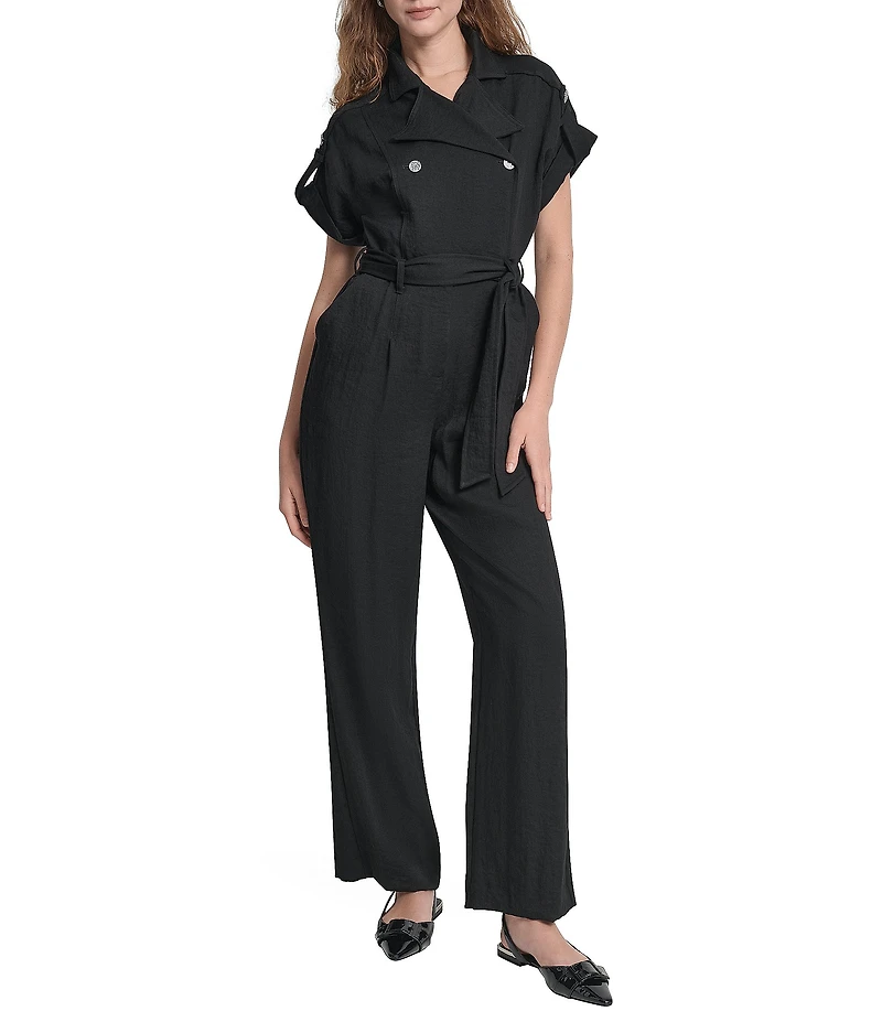 DKNY by Donna Karan Heavy Twill Notch Collar Short Sleeve Jumpsuit