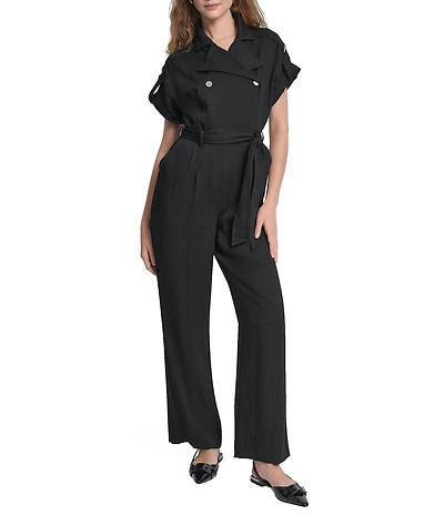 DKNY by Donna Karan Heavy Twill Notch Collar Short Sleeve Jumpsuit