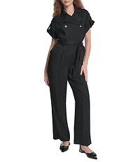 DKNY by Donna Karan Heavy Twill Notch Collar Short Sleeve Jumpsuit