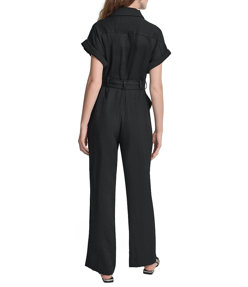 DKNY by Donna Karan Heavy Twill Notch Collar Short Sleeve Jumpsuit