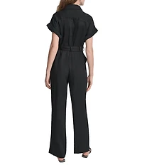DKNY by Donna Karan Heavy Twill Notch Collar Short Sleeve Jumpsuit