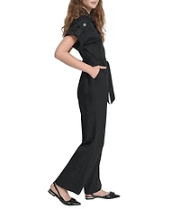 DKNY by Donna Karan Heavy Twill Notch Collar Short Sleeve Jumpsuit