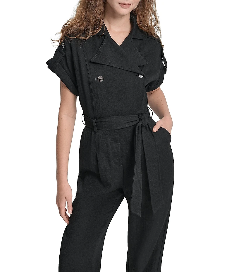 DKNY by Donna Karan Heavy Twill Notch Collar Short Sleeve Jumpsuit