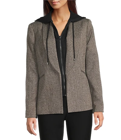 DKNY by Donna Karan Herringbone Hooded Zip Front Blazer