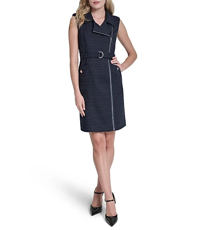 DKNY By Donna Karan Hopsack Weave Sleeveless Collared Neck Knee Length Dress
