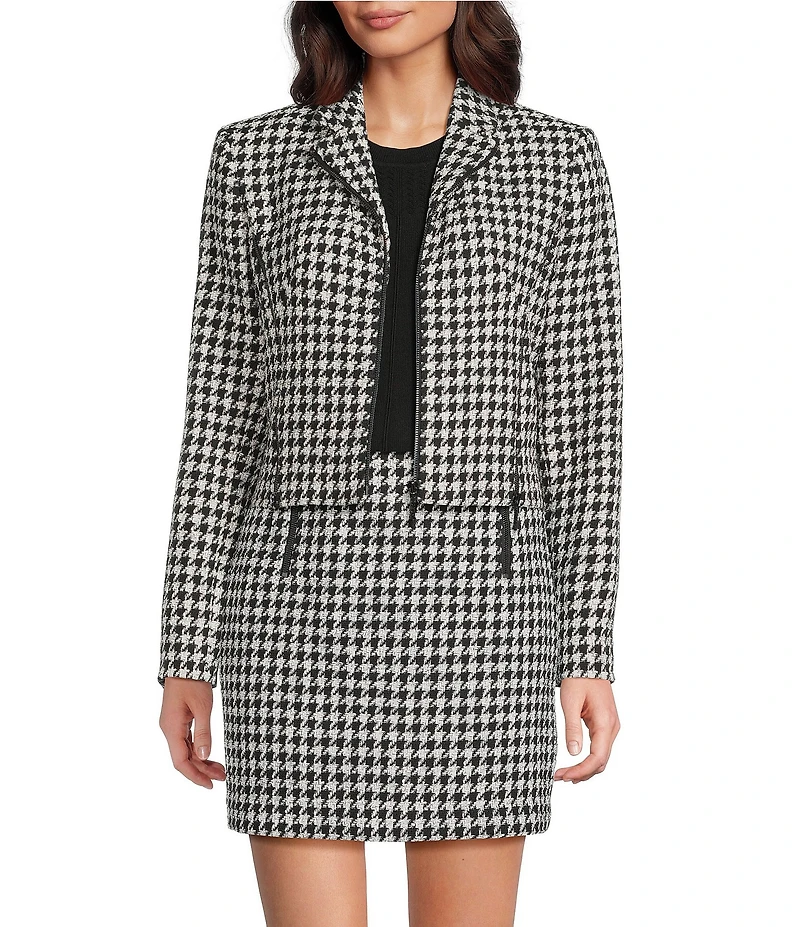 DKNY by Donna Karan Houndstooth Boucle Notch Collar Zip Front Jacket
