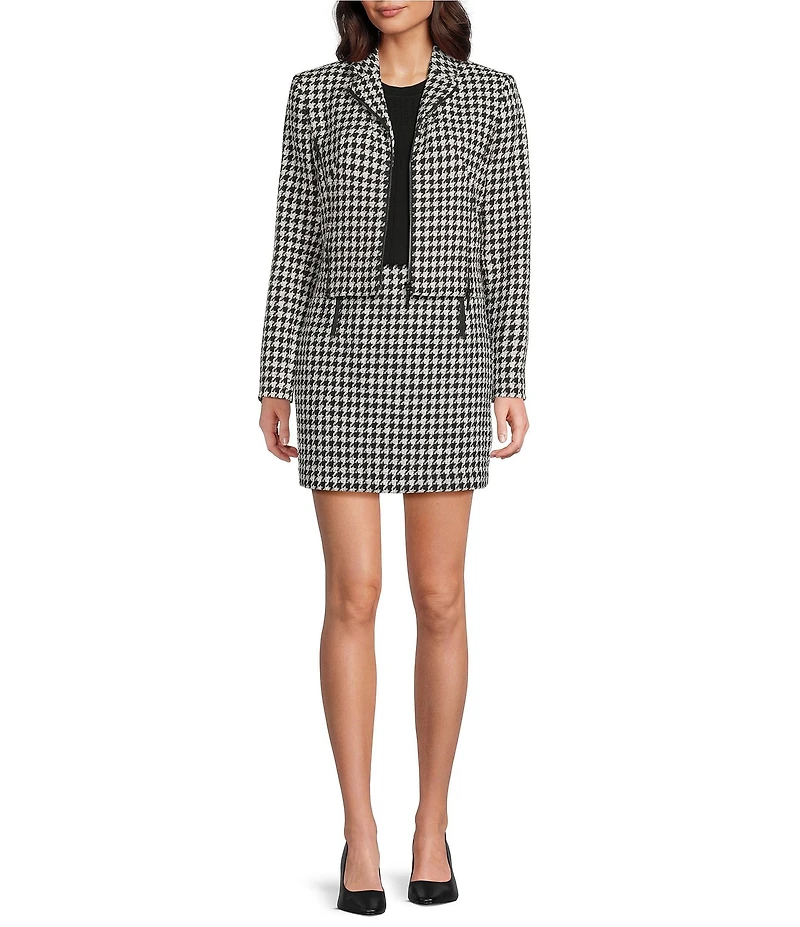 DKNY by Donna Karan Houndstooth Boucle Notch Collar Zip Front Jacket