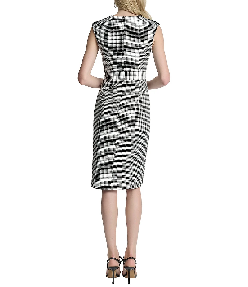 DKNY by Donna Karan Houndstooth Split V-Neck Sleeveless Square Ring Trim Sheath Dress