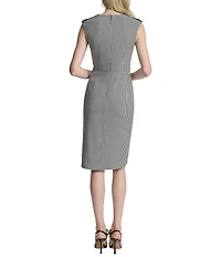 DKNY by Donna Karan Houndstooth Split V-Neck Sleeveless Square Ring Trim Sheath Dress