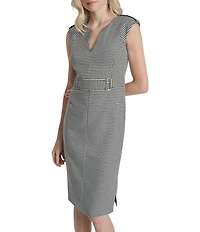 DKNY by Donna Karan Houndstooth Split V-Neck Sleeveless Square Ring Trim Sheath Dress