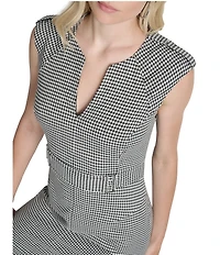 DKNY by Donna Karan Houndstooth Split V-Neck Sleeveless Square Ring Trim Sheath Dress