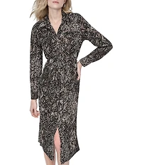 DKNY by Donna Karan Jersey Collared Neck Long Sleeve Belted Shirt Dress