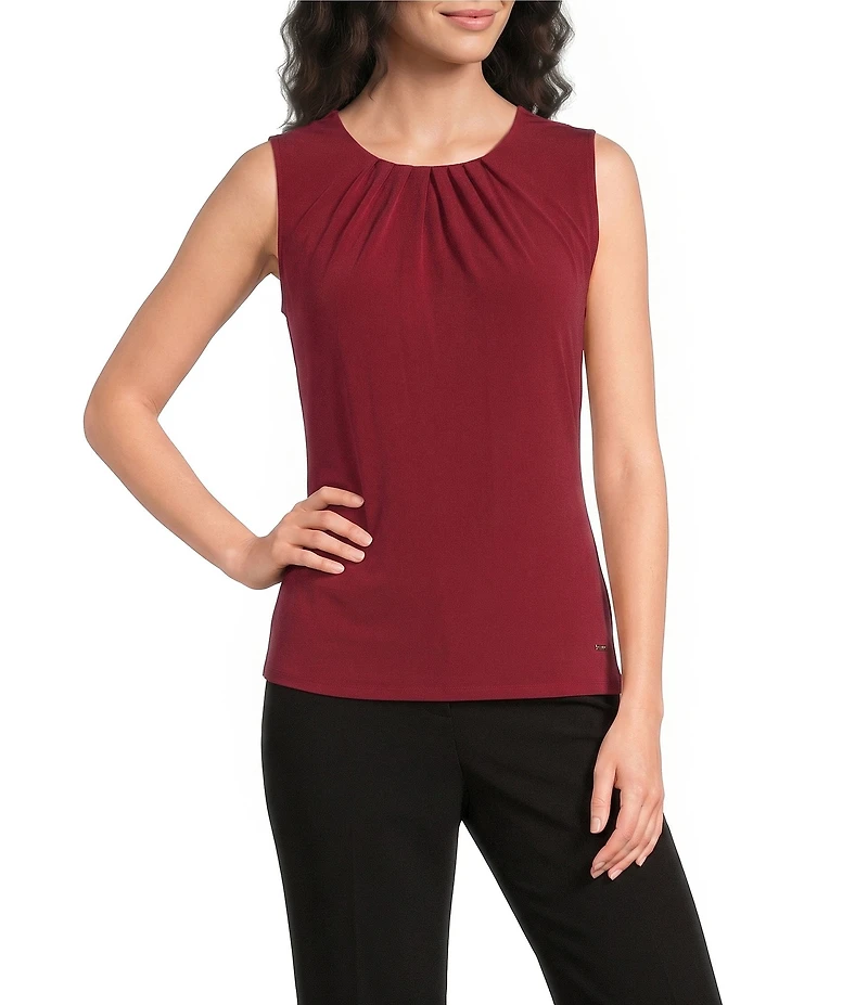 DKNY by Donna Karan Jersey Knit Crew Neck Sleeveless Front Pleated Top