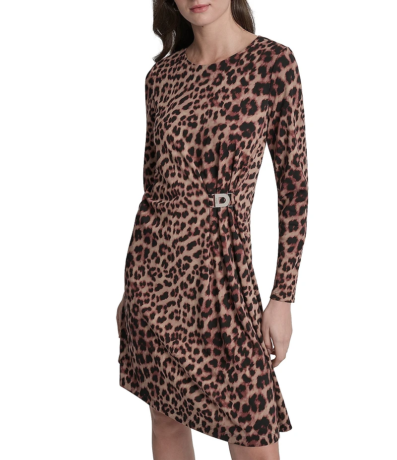 DKNY by Donna Karan Jersey Leopard Print Long Sleeve Sheath Dress