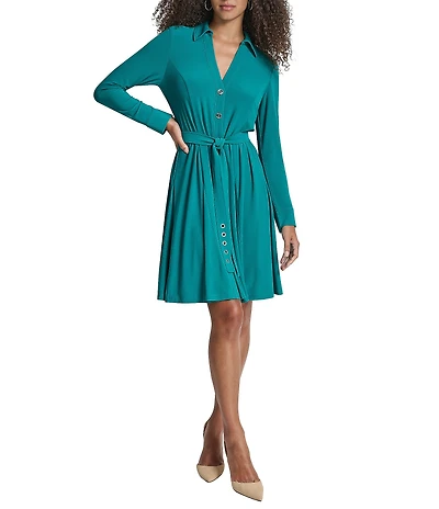 DKNY by Donna Karan Jersey V-Neck long Sleeve Belted Shirt Dress