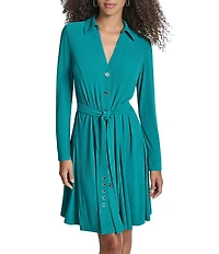 DKNY by Donna Karan Jersey V-Neck long Sleeve Belted Shirt Dress