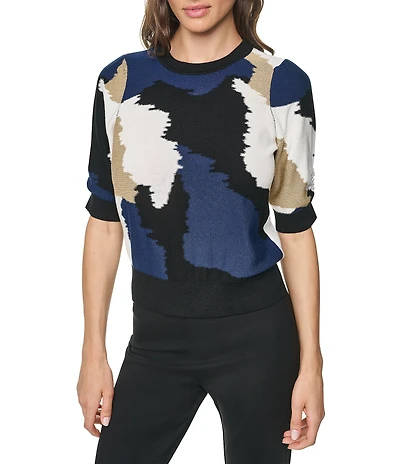 DKNY by Donna Karan Knit Color Block Crew Neck Elbow Puff Sleeve Top