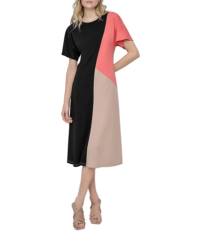 DKNY by Donna Karan Knit Colorblock Print Crew Neck Short Sleeve Midi Dress