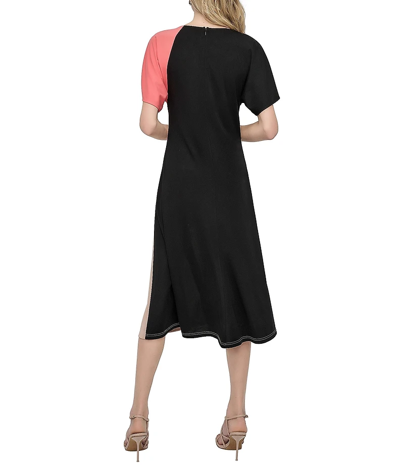 DKNY by Donna Karan Knit Colorblock Print Crew Neck Short Sleeve Midi Dress