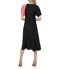 DKNY by Donna Karan Knit Colorblock Print Crew Neck Short Sleeve Midi Dress