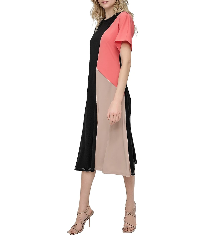 DKNY by Donna Karan Knit Colorblock Print Crew Neck Short Sleeve Midi Dress