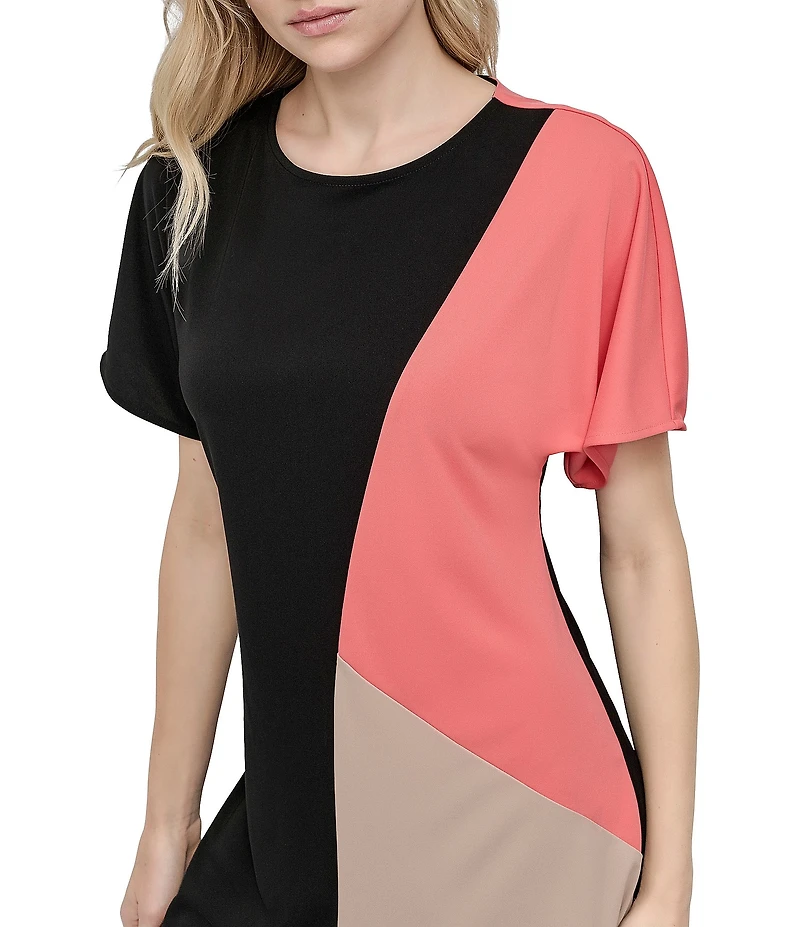 DKNY by Donna Karan Knit Colorblock Print Crew Neck Short Sleeve Midi Dress