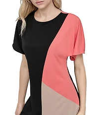 DKNY by Donna Karan Knit Colorblock Print Crew Neck Short Sleeve Midi Dress
