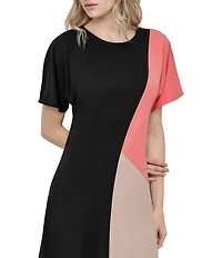 DKNY by Donna Karan Knit Colorblock Print Crew Neck Short Sleeve Midi Dress