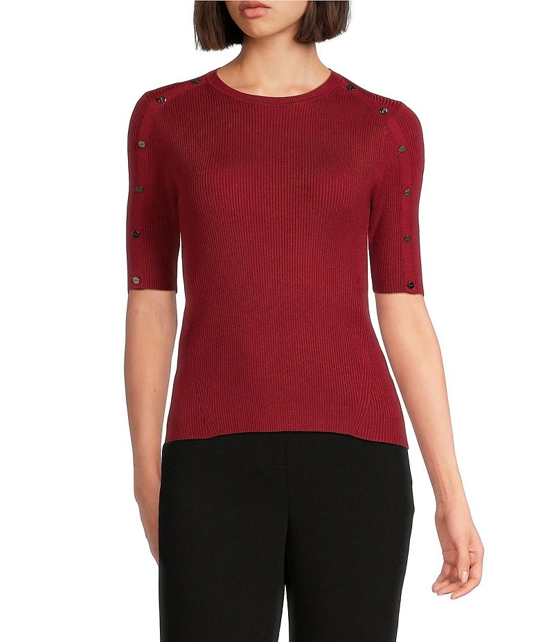 DKNY by Donna Karan Knit Crew Neck Button Detail Short Sleeve Top