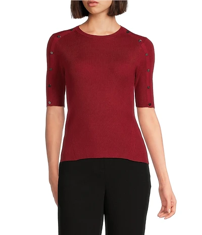 DKNY by Donna Karan Knit Crew Neck Button Detail Short Sleeve Top