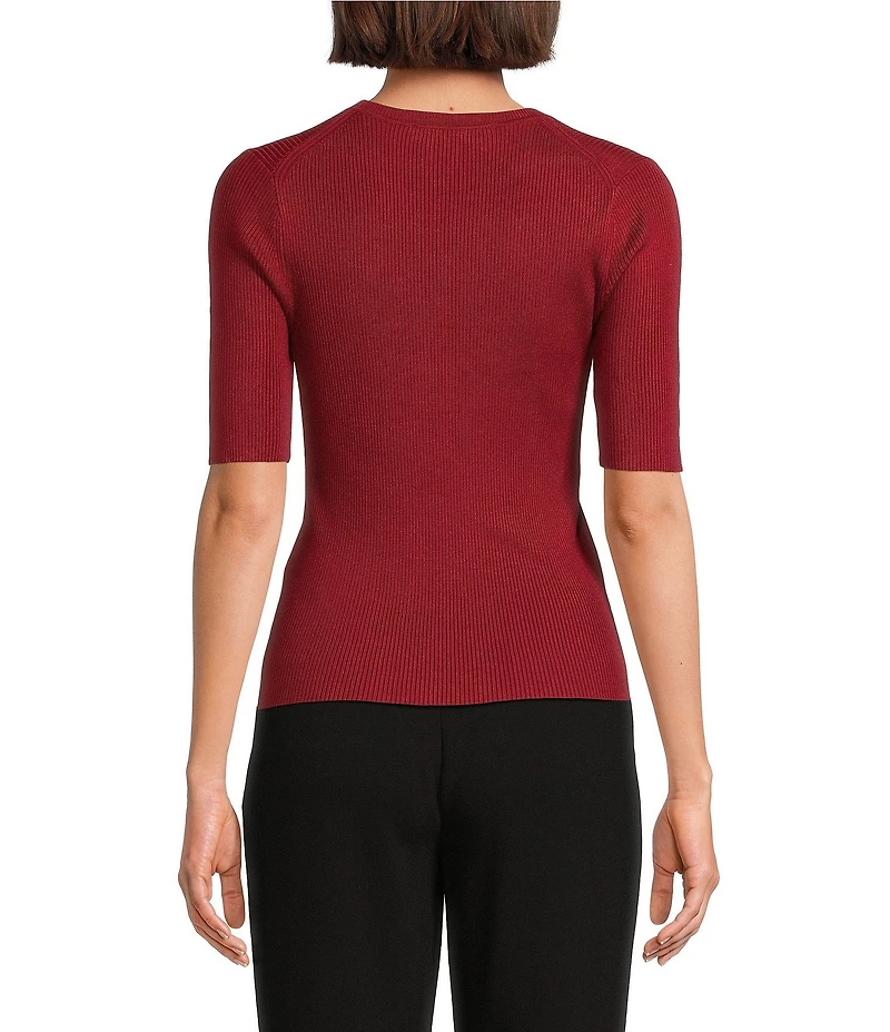 DKNY by Donna Karan Knit Crew Neck Button Detail Short Sleeve Top