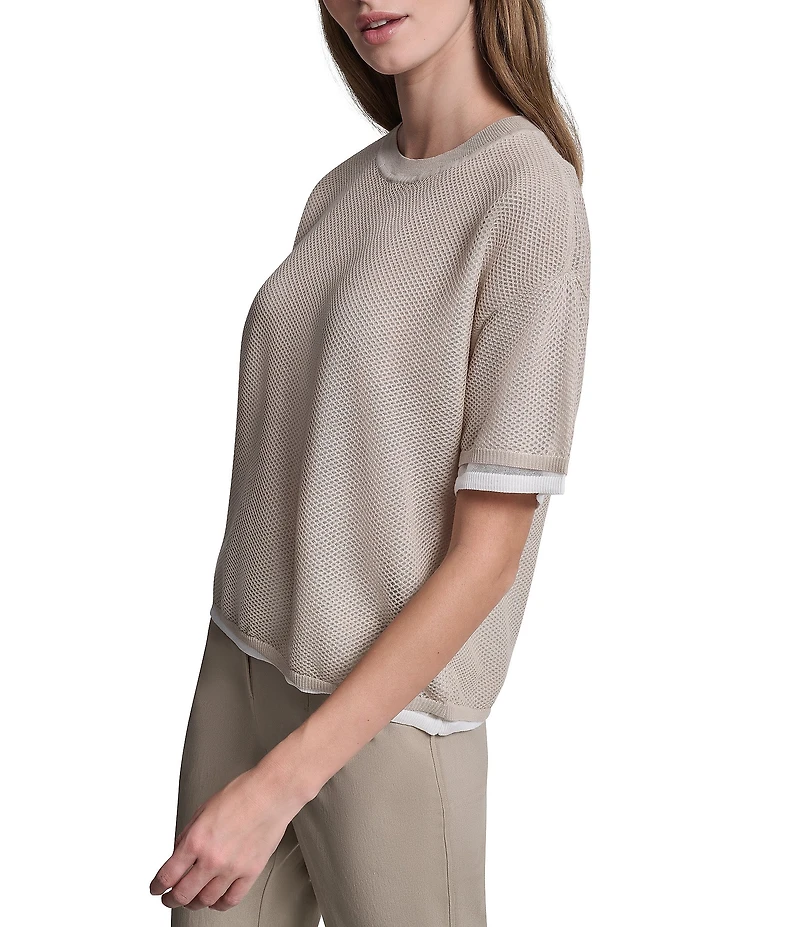 DKNY by Donna Karan Knit Crew Neck Short Sleeve Two Layer Mesh Boxy Top
