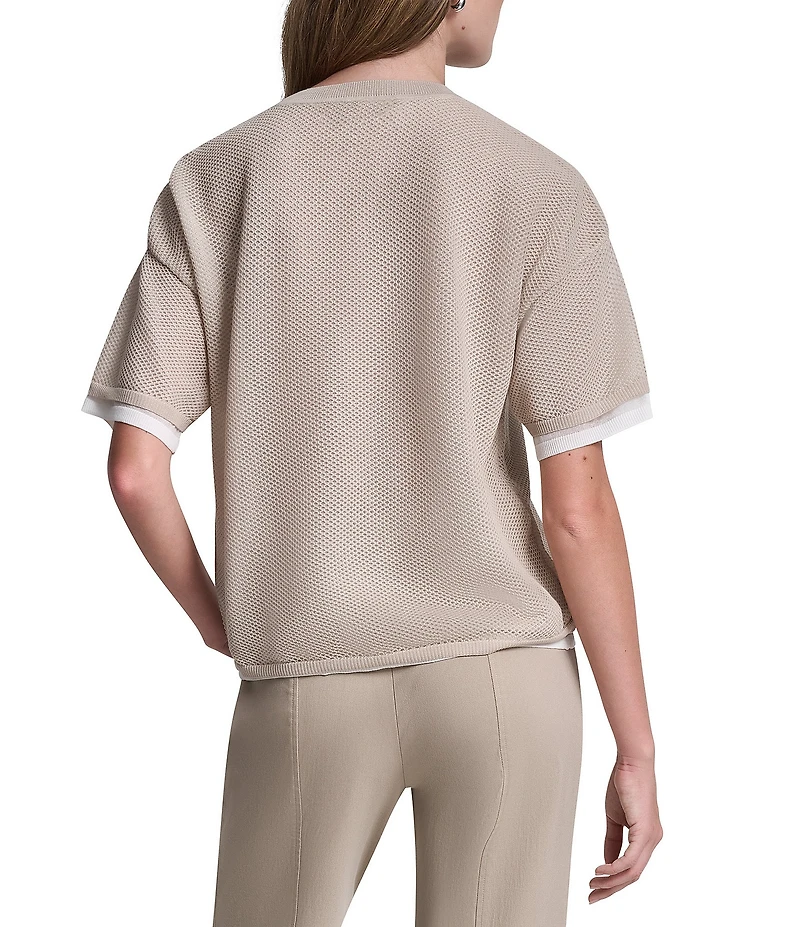 DKNY by Donna Karan Knit Crew Neck Short Sleeve Two Layer Mesh Boxy Top