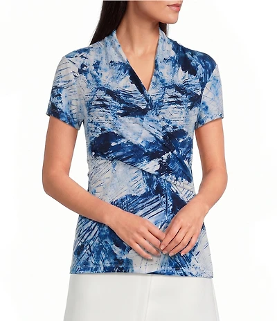 DKNY by Donna Karan Knit Jersey Printed V-Neck Side Ruched Short Sleeve Top