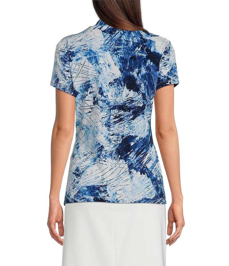 DKNY by Donna Karan Knit Jersey Printed V-Neck Side Ruched Short Sleeve Top