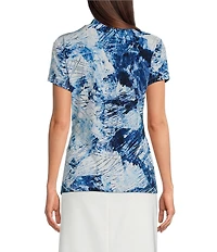 DKNY by Donna Karan Knit Jersey Printed V-Neck Side Ruched Short Sleeve Top